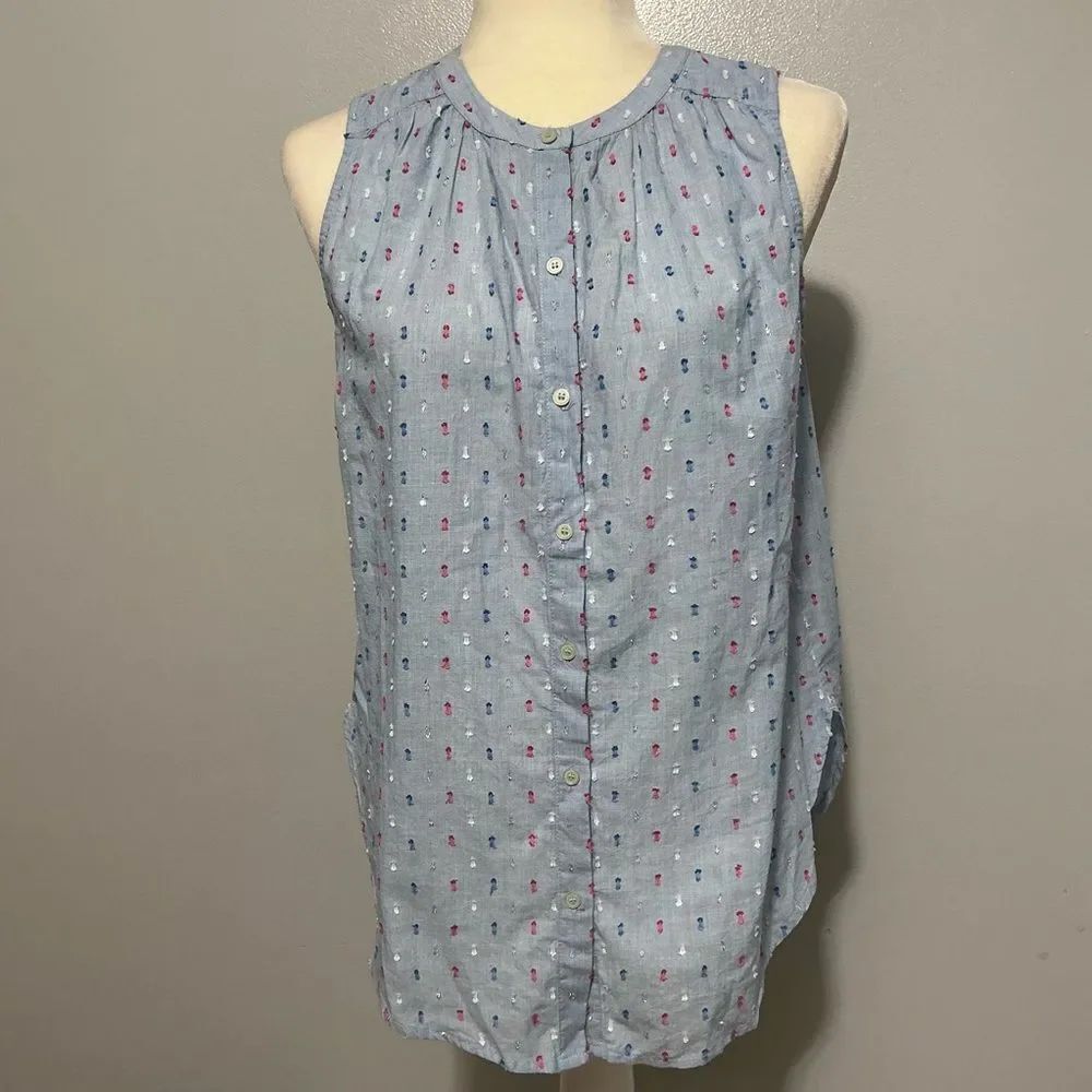 Ann Taylor Loft Top Buttons Shimmer Clip Dot Blue Size XS